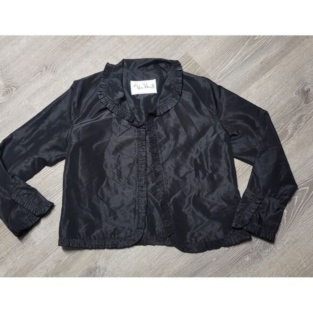 SYLVIA HEISEL WOMEN'S‎ BLACK 100% SILK JACKET SIZE 12 RUFFLED SLEEVES LAPEL HEM